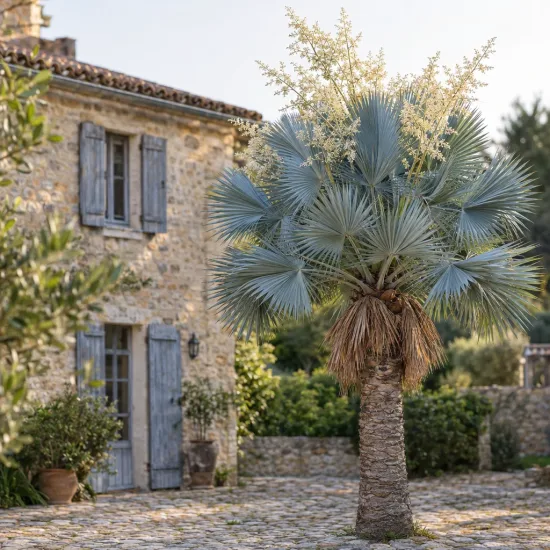 Palmier bleu du mexique (Brahea armata) — palmier au feuillage en éventail devant maison en pierre · Photo d'illustration