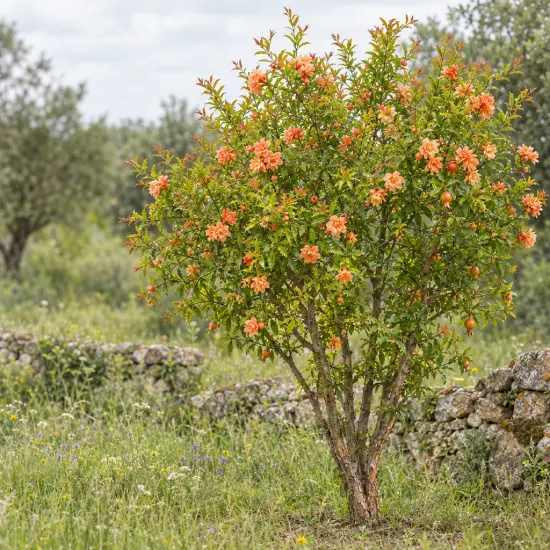 Grenadier à fleurs 'Toyosho' (Punica granatum) — arbuste fleuri isolé dans prairie pierreuse