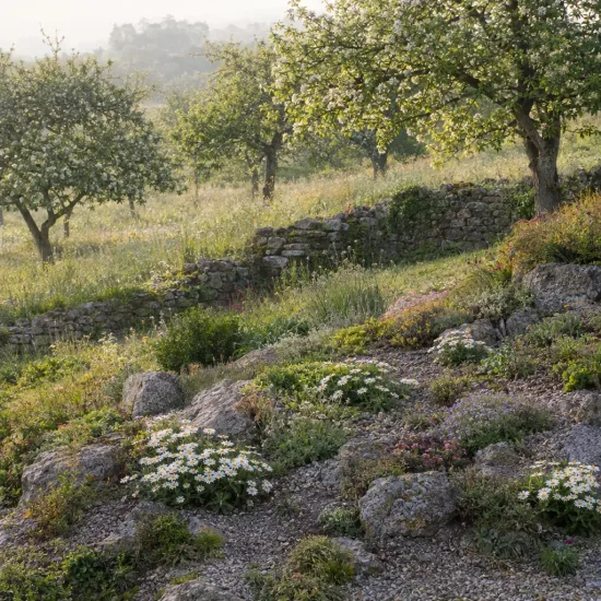 Aster des alpes 'Albus' (Aster alpinus) — massifs de fleurs blanches sur talus rocailleux · Photo d'illustration