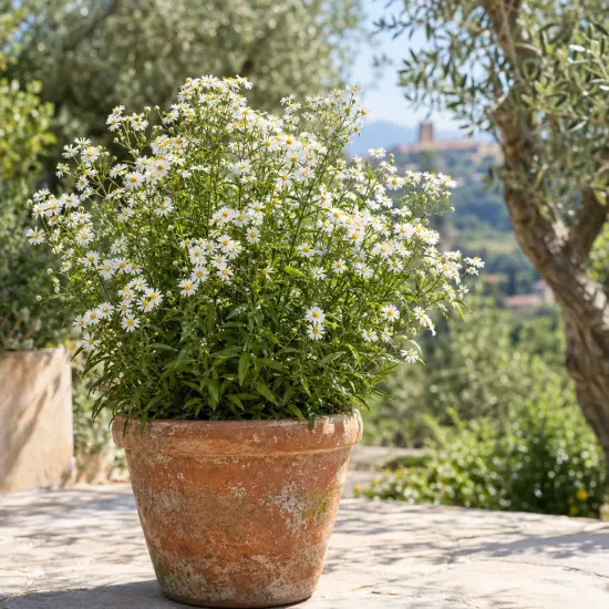 Aster japonais 'Alba' (Kalimeris incisa) — touffe fleurie aux petites marguerites blanches en pot