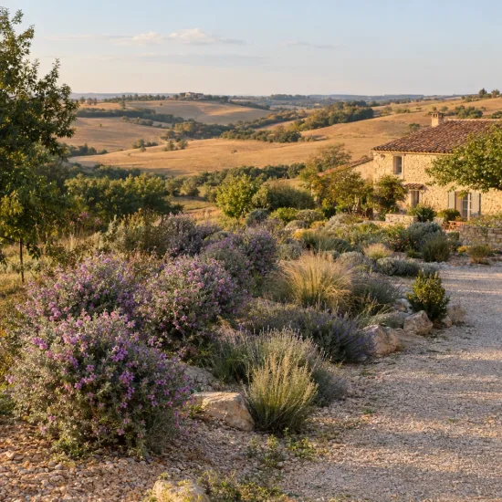Sauge du désert (Leucophyllum frutescens) — massif d’arbustes fleuris le long d’une allée · Photo d'illustration