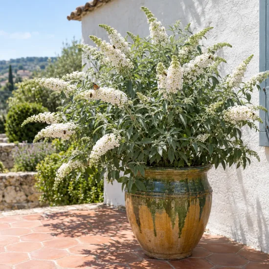 Arbre aux papillons 'Reve de papillon white' (Buddleia davidii) — grand arbuste fleuri blanc en pot vernissé · Photo d'illustration