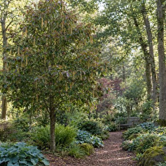 Aulne de spaeth (Alnus spaethii) — grand arbre à chatons dans jardin ombragé · Photo d'illustration