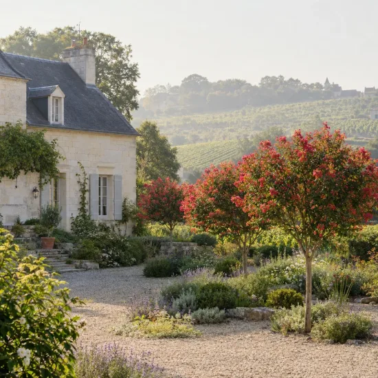 Lilas des indes (Lagerstroemia) — arbres fleuris colorés dans grand jardin de maison · Photo d'illustration