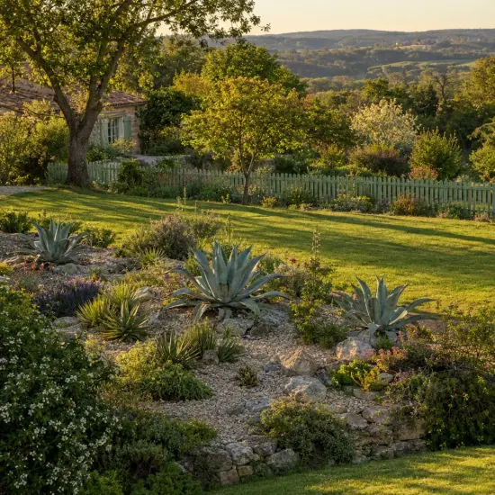 Agave (Agave valenciana) — massif rocailleux avec grandes succulentes et pelouse