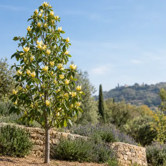 Magnolia 'Yellow lantern' — arbre ornemental fleuri devant un muret de pierres