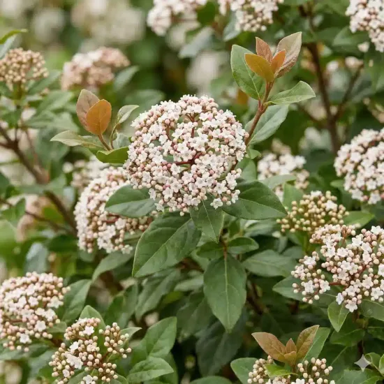 Viorne tin 'Rock'n rolla' (Viburnum tinus) — bouquets de petits boutons floraux pâles et feuillage