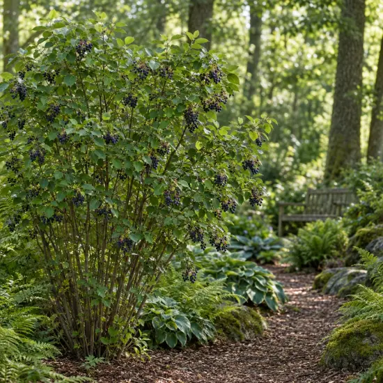 Amélanchier à feuille d'aulne 'Northline' (Amelanchier alnifolia) — arbuste fruitier au bord d’un sentier forestier