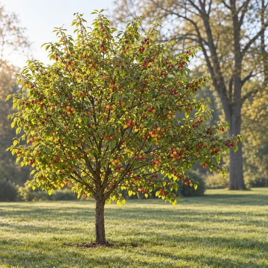Prunier myrobolan (Prunus) — petit arbre fruitier isolé sur pelouse · Photo d'illustration