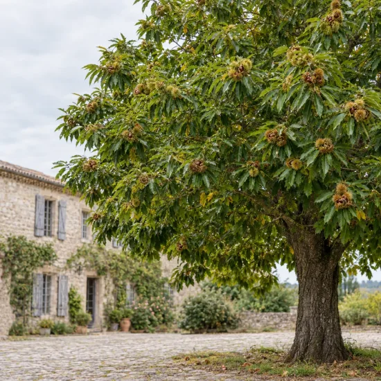 Châtaignier 'Precoce de vans' (Castanea sativa) — grand arbre chargé de bogues devant maison en pierre · Photo d'illustration