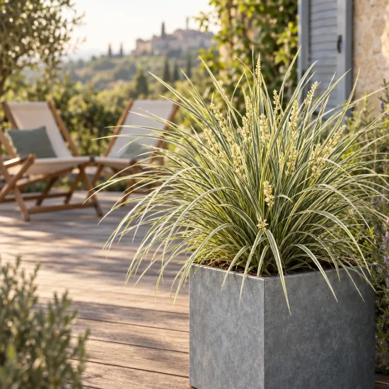 Lomandra 'White sand' — touffe de feuillage panaché sur terrasse ensoleillée · Photo d'illustration