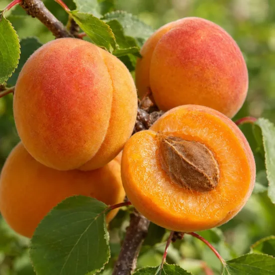 Abricotier 'Peche de nancy' (Prunus armeniaca) — gros plan de fruits mûrs sur branche