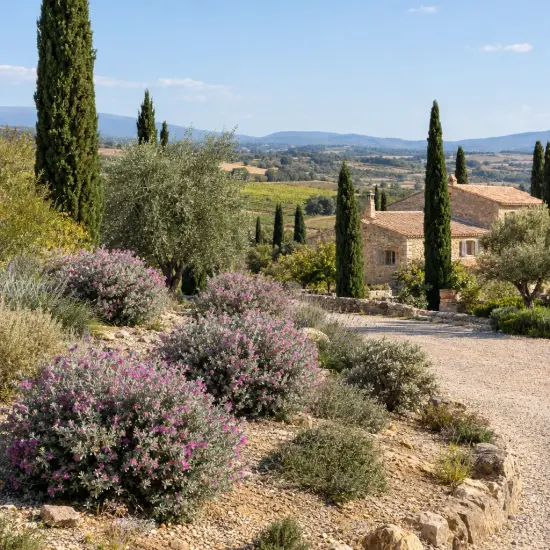 Sauge du désert 'San antonio rose' (Leucophyllum frutescens) — massifs d’arbustes fleuris le long d’une allée
