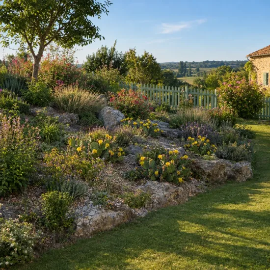 Cactée 'Kurt' (Opuntia) — massif rocailleux fleuri dans un grand jardin