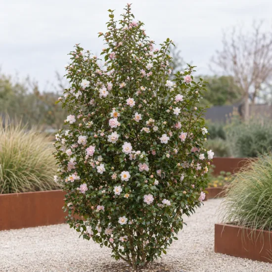 Camélia d'automne 'Cinnamon cindy' (Camellia sasanqua) — arbuste fleuri isolé sur gravier clair · Photo d'illustration