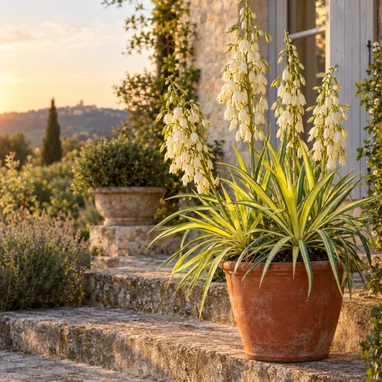 Yucca 'Golden sword' (Yucca flaccida) — plante graphique en pot sur marches en pierre · Photo d'illustration