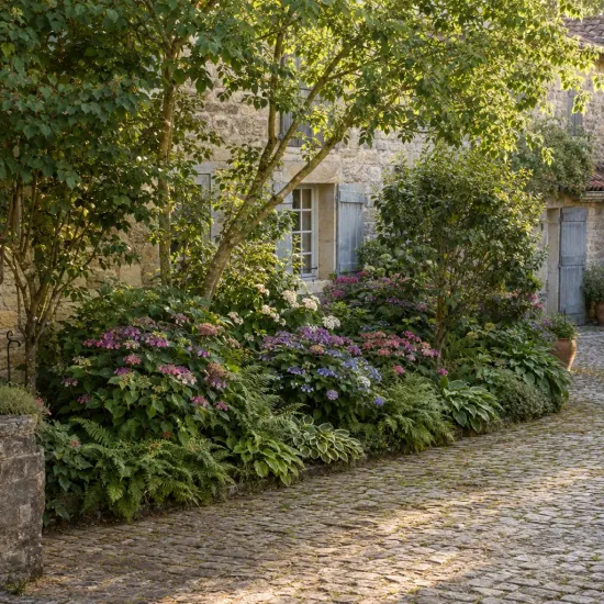Hortensia japonais 'Veerle' (Hydrangea serrata) — massif fleuri sous arbres devant maison en pierre · Photo d'illustration