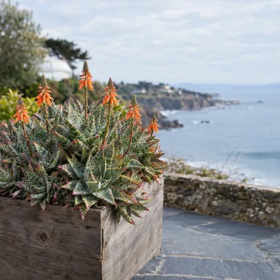 Aloès flocon de neige 'Cleopatra' (Aloe) — succulente fleurie en bac devant paysage marin · Photo d'illustration