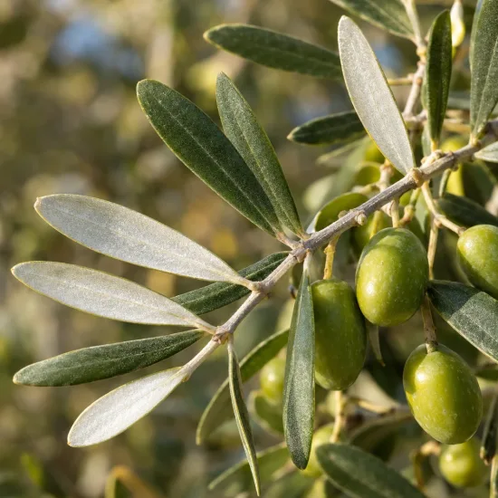 Olivier de l’herault 'Verdale de l'hérault' (Olea europaea) — branche avec feuilles allongées et olives vertes · Photo d'illustration