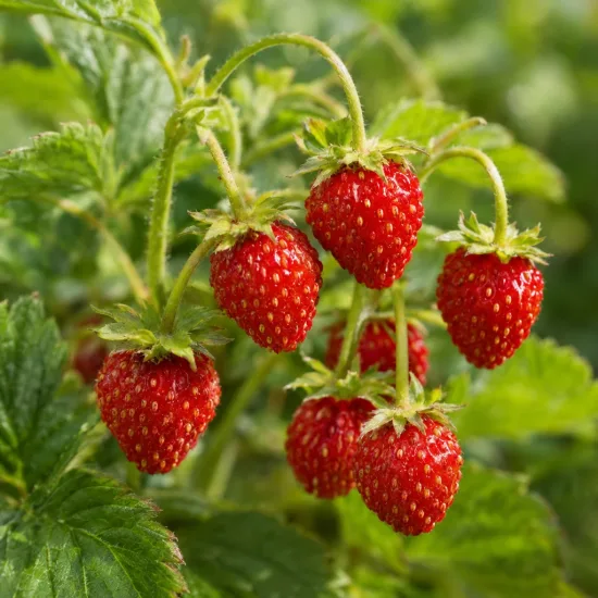 Fraisier des bois (Fragaria vesca) — grappes de petits fruits rouges mûrs