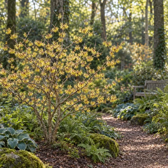 Hamamélis de chine 'Pallida' (Hamamelis mollis) — arbuste fleuri au bord d'un sentier forestier · Photo d'illustration