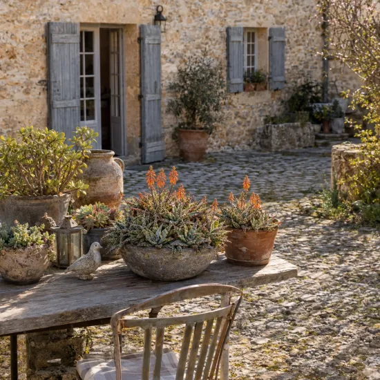 Aloès flocon de neige 'Cleopatra' (Aloe) — pots de succulentes fleuries sur table de jardin · Photo d'illustration