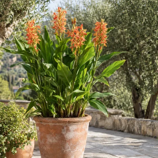 Gingembre ornemental (Hedychium poupre) — plante en pot avec épis de fleurs orangées · Photo d'illustration