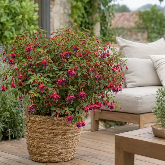 Fushia 'Hardy' (Fuchsia bernisser) — arbuste fleuri en pot tressé sur terrasse · Photo d'illustration