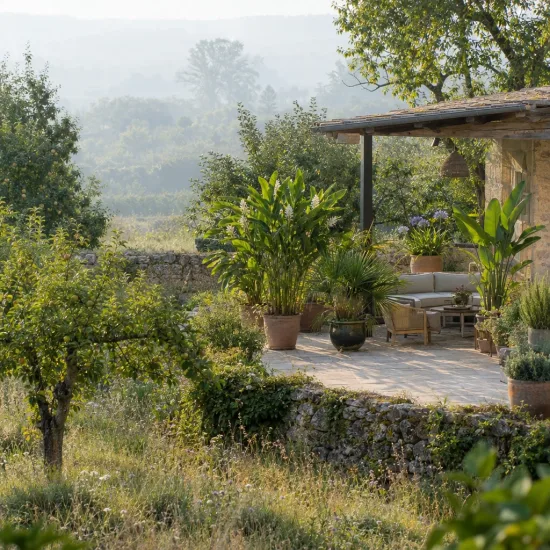 Grand galanga (Alpinia galanga) — terrasse en pierre avec grand pot de verdure · Photo d'illustration