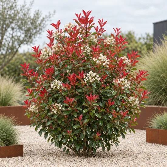Photinia 'Louise mclarlou' (Photinia fraseri) — arbuste buissonnant aux jeunes feuilles rouges et fleurs blanches · Photo d'illustration