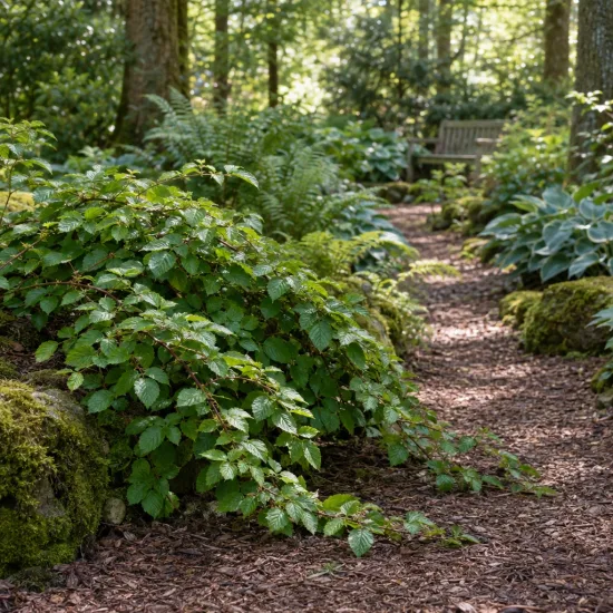 Ronce d’ichang 'Ichangensis' (Rubus) — massif couvre-sol le long d’un sentier forestier · Photo d'illustration