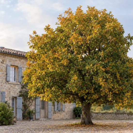 Chêne d'eau (Quercus nigra) — grand arbre isolé devant maison en pierre · Photo d'illustration