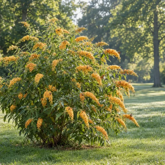 Arbre aux papillons 'Sungold orange' (Buddleia weyeriana) — grand arbuste arrondi couvert de fleurs orangées · Photo d'illustration