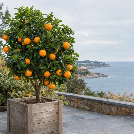 Oranger 'New hall new hall' (Citrus sinensis) — arbre fruitier en bac devant vue marine · Photo d'illustration