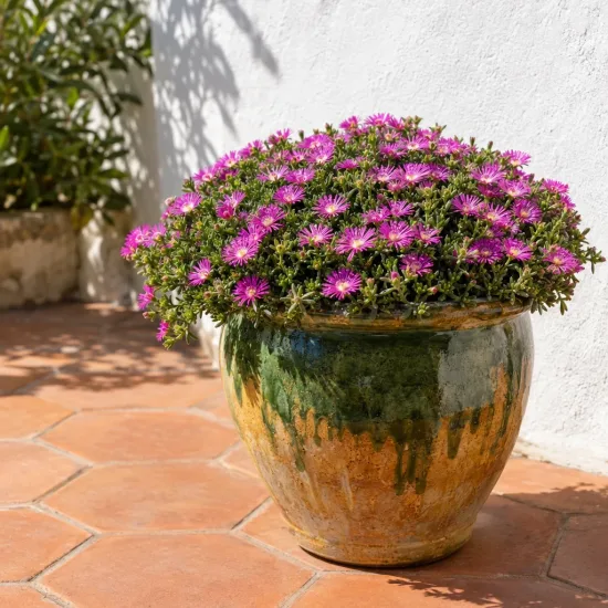 Pourpier vivace 'Dream' (Delosperma) — touffe dense de petites fleurs violettes en pot · Photo d'illustration