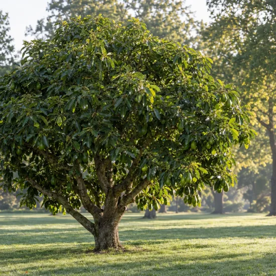 Avocatier race antillais guatémaltèque 'Atkinson' (Persea americana) — arbre isolé au feuillage dense sur pelouse · Photo d'illustration