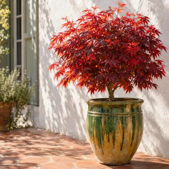 Érable du japon 'Fire glow' (Acer palmatum) — arbuste au feuillage rouge en pot vernissé sur terrasse · Photo d'illustration