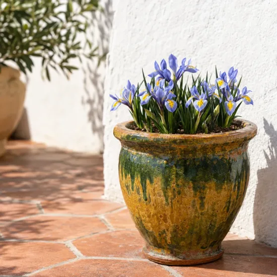 Iris nain naturalisable 'Clairette' (Iris reticulata) — touffe de petites fleurs bleues en pot émaillé · Photo d'illustration