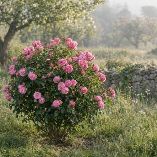 Rosier 'Catherine de medicis' (Rosa hybrida) — grand rosier couvert de fleurs roses · Photo d'illustration
