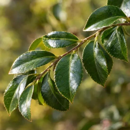 Camelia 'Showa no sakae' (Camelia sasanqua) — rameau aux feuilles vertes vernissées dentées · Photo d'illustration