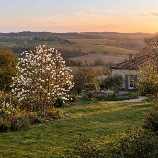 Magnolia de soulange 'Lennei alba' (Magnolia soulangeana) — grand arbuste fleuri dans un jardin au coucher de soleil