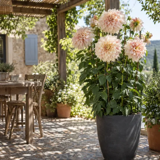 Vivace estivale 'Géant café au lait' (Dahlia) — grande plante fleurie en pot sur terrasse · Photo d'illustration