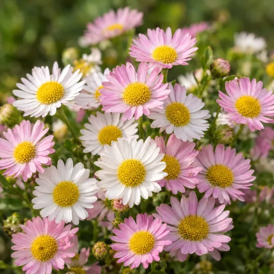 Erigeron 'Blutenmeer' (Erigeron karvinskianus) — fleurs abondantes blanches et roses en gros plan