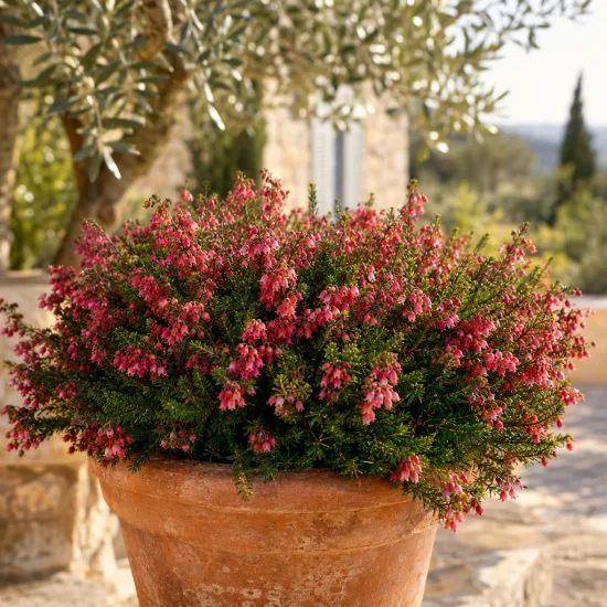 Bruyère 'Kramer s rote rouge' (Erica darleyensis) — massif de bruyère rose en pot sur terrasse · Photo d'illustration