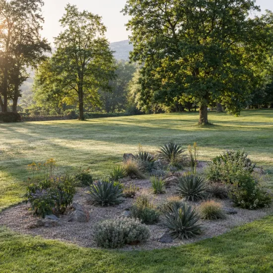 Agave filifera 'Schidigera' — massif de plantes xérophytes dans grande pelouse · Photo d'illustration