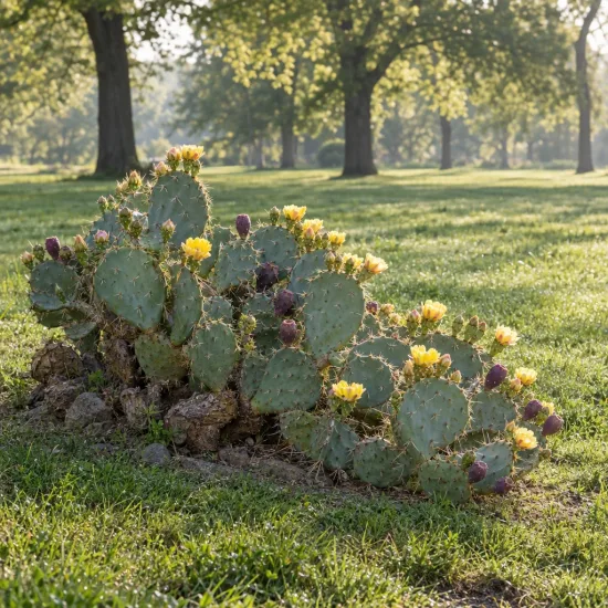 Cactée 'Rastrera' (Opuntia engelmannii) — cactus rampant au sol avec fleurs jaunes
