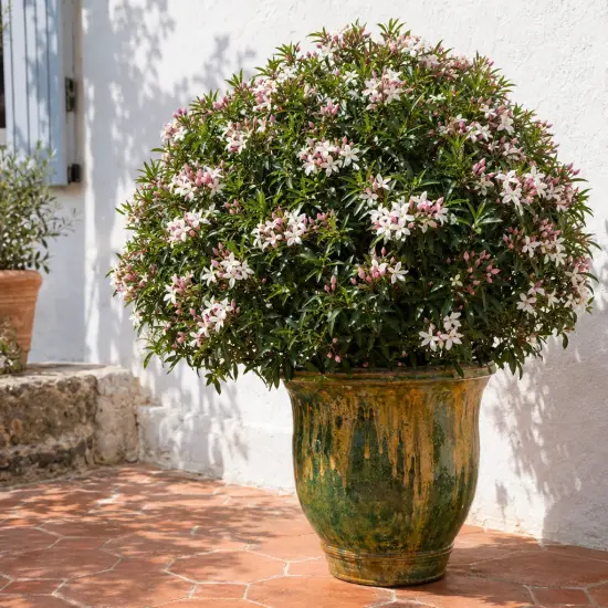 Oranger du mexique 'Scented gem' (Choisya ternata) — arbuste arrondi fleuri dans grand pot vernissé