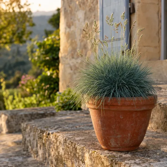 Fétuque bleu 'Festina blue' (Festuca glauca) — touffe herbacée en pot sur marches en pierre · Photo d'illustration