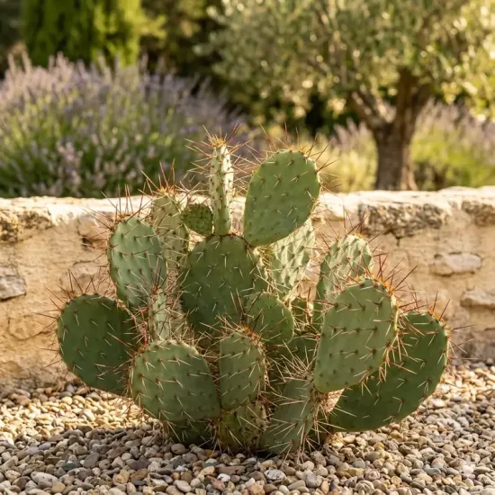 Figuier de barbarie 'Arenacea 2' (Opuntia phaecantha) — cactus raquette épineux sur gravier minéral