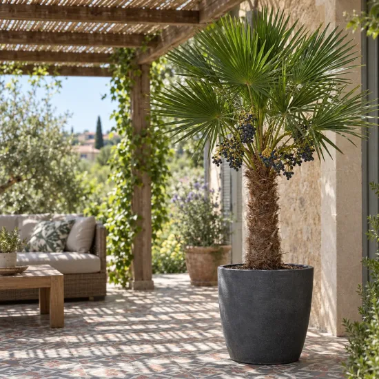 Palmier miniature de chusan (Trachycarpus wagnerianus) — palmier en pot sur terrasse aménagée · Photo d'illustration